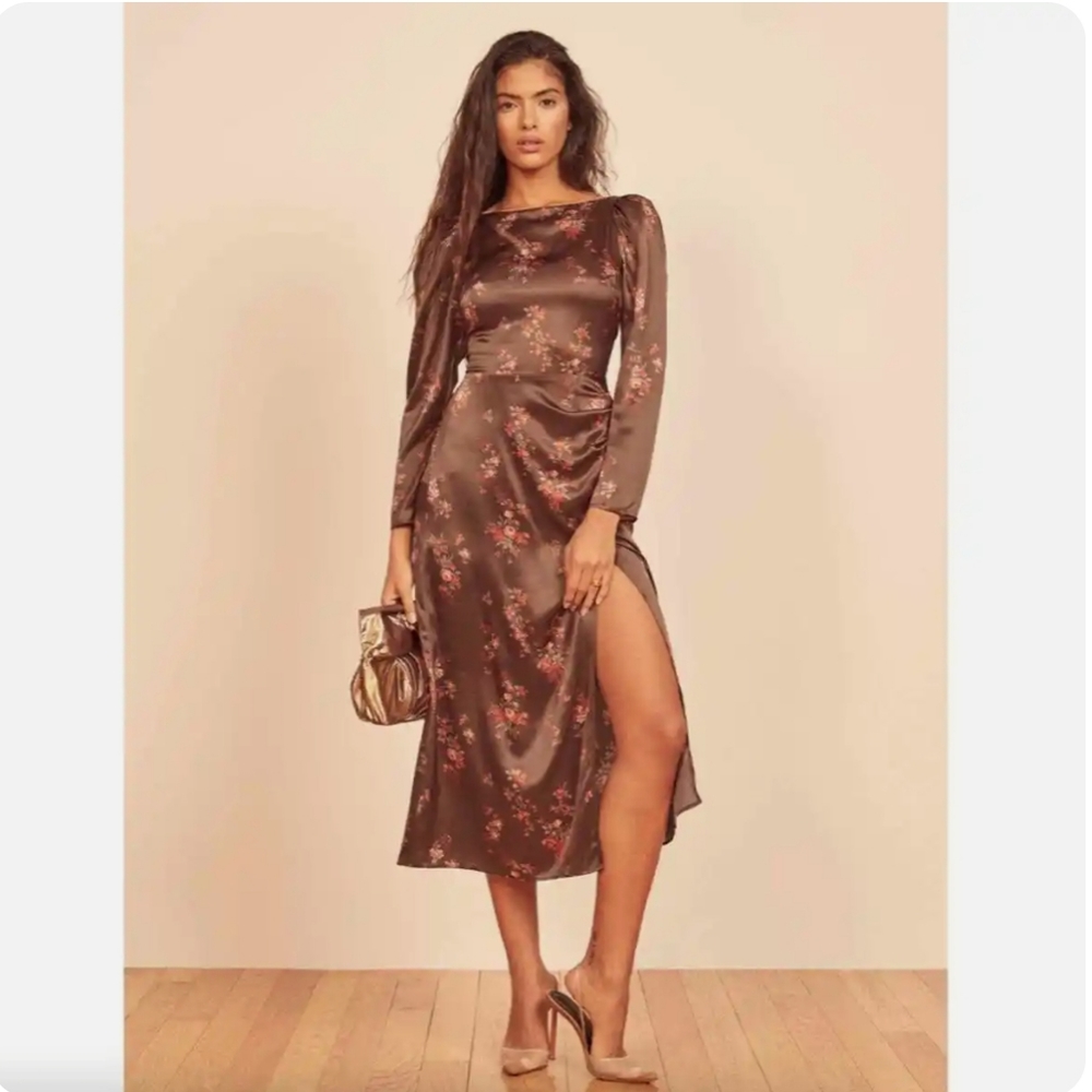 Reformation Cameron Silk Dress - Floral Brown